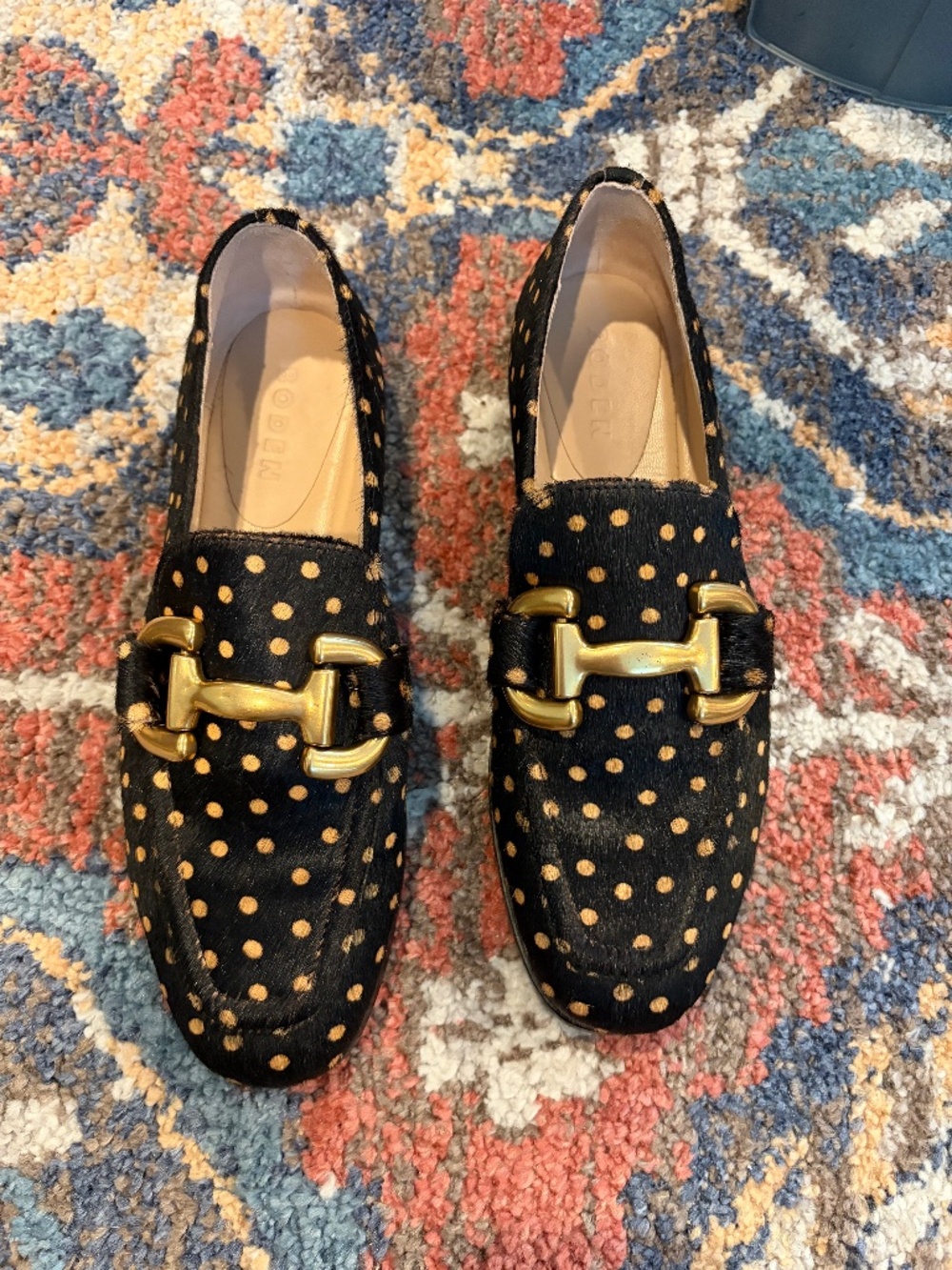 Like New! Boden Black Gold Buckle Calf Hair Snaffle Loafers sz 7 US/ 38 EU